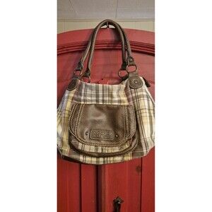 Vintage Relic Purse Fall Plaid Print Hobo Brown Faux Leather  Brown Green EUC